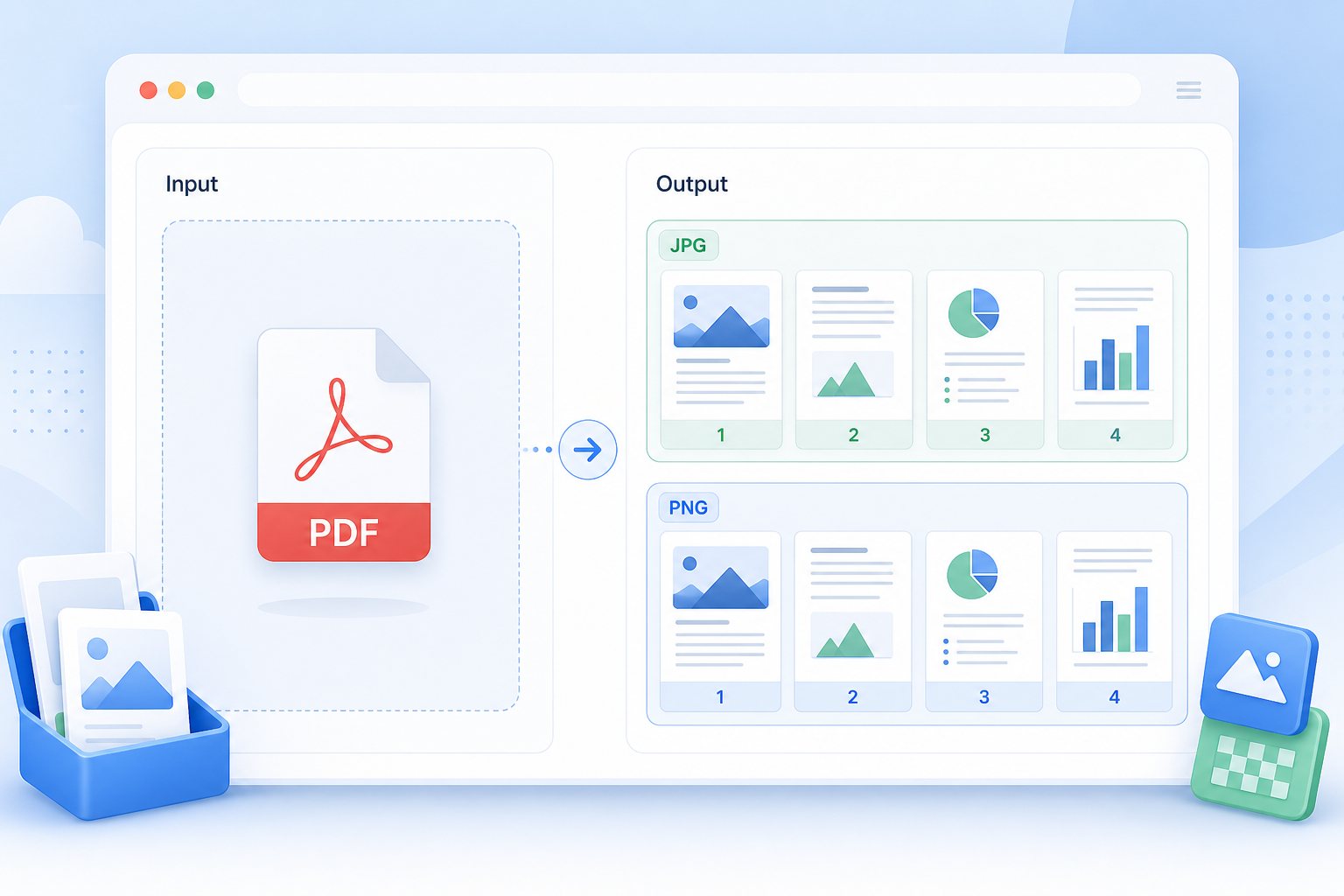 PDF to images preview showing one PDF splitting into multiple page image thumbnails