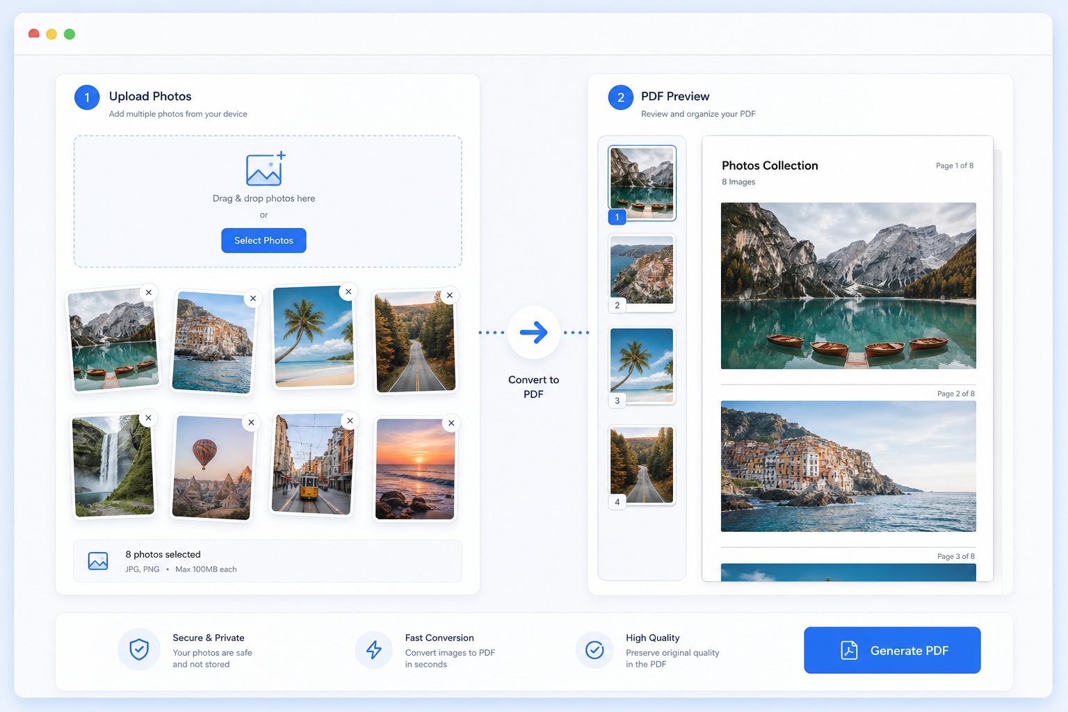 Multiple images to PDF example showing several photos turned into one PDF