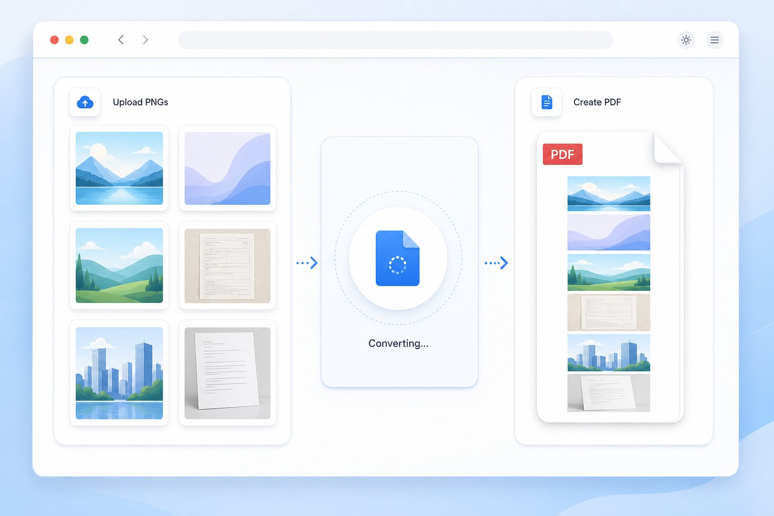 PNG to PDF preview showing screenshots and scans turning into one PDF